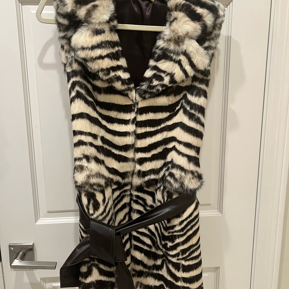 Zebra Print Rabbit Fur Vest with Belt and matching boot/shoe covers